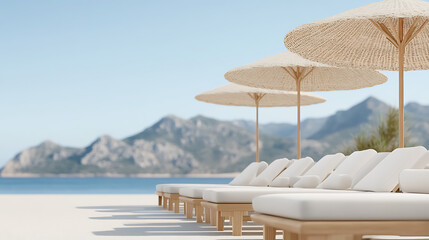 Obraz premium Beach relaxation with sun loungers and straw umbrellas against a backdrop of mountains and the sea. Perfect for relaxation and tranquility.