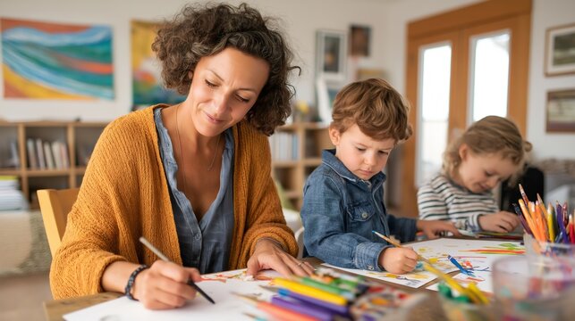 During a family art therapy session, a therapist guides parents and children in creative activities while seated at a table filled with art supplies, fostering connection and expression