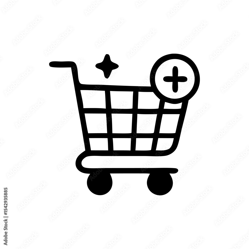 Poster a shopping cart icon with a plus sign and a star, indicating adding items to the basket.