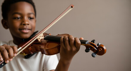 Smiling young boy playing violin indoors with focused expression on face and soft natural lighting