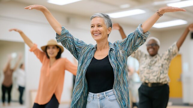 A certified dancemovement therapist leads a vibrant dance session, encouraging participants to express themselves through movement in a bright studio setting during an afternoon workshop