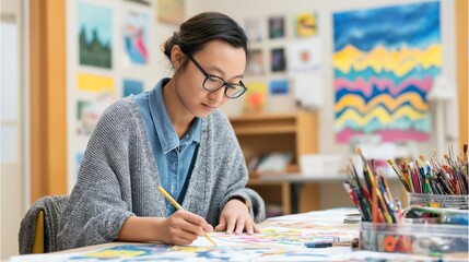 An adolescent engaged in creating therapeutic artwork in a bright, inviting space filled with various art supplies. The focus is on fostering self-expression and emotional healing