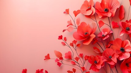 Fototapeta premium Red Poppy Paper Flower Arrangement on Coral Pink Background