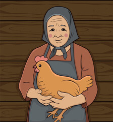 old lady holding chicken vector illustration cartoon. grandma holding poultry vector