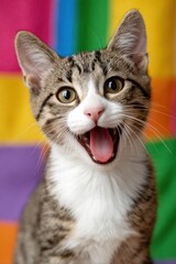 Kitten meowing with colorful background, portrait of adorable cat