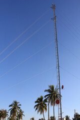 Communication Tower and Palm Trees under Clear Sky. A tall communication tower with multiple...