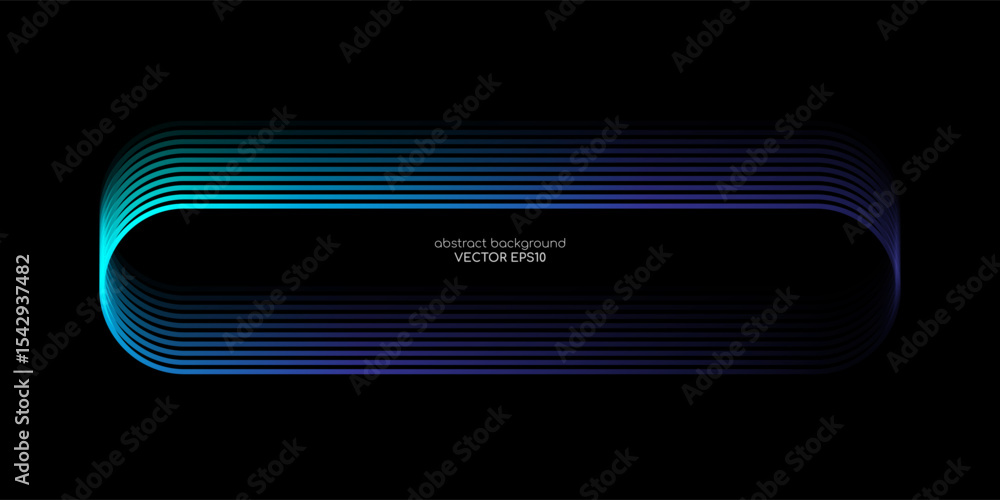 Poster Vector abstract banner design with glowing curved gradient lines in neon blue and purple tones on black background, modern technology concept template with rounded rectangular frame layout