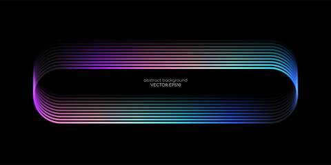 Vector abstract banner design with glowing curved gradient lines in neon spectrum light on black background, modern technology concept template with rounded rectangular frame layout