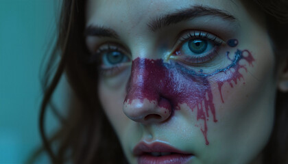 Young woman with artistic makeup and tears on her face in dim light  