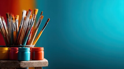An artistic display of brushes and vibrant paint jars standing on a creative backdrop, symbolizing inspiration, creativity, and the beauty of artistic expression.