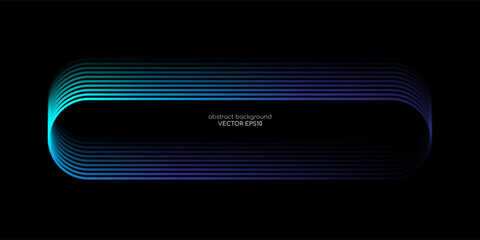 Vector abstract banner design with glowing curved gradient lines in neon blue and purple tones on black background, modern technology concept template with rounded rectangular frame layout