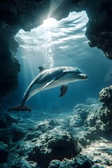 Fototapeta premium The elegant figure of dolphins shuttling through rocks in the deep sea
