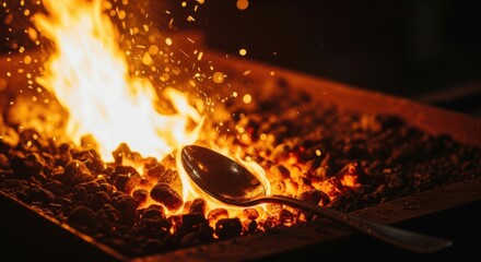Metal Spoon Being Heated By Hot Embers