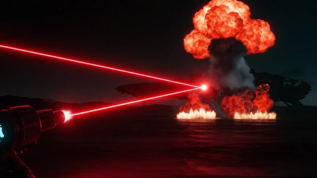Laser weapon firing at alien ship causing explosions