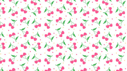 Seamless pattern of heart shaped cherries with green leaves and small yellow dots on white background