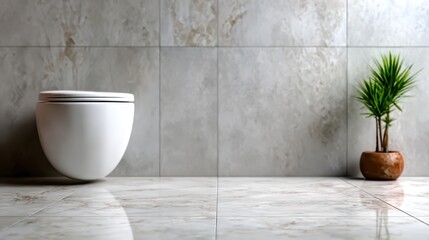A serene bathroom scene featuring a modern toilet and a decorative plant, showcasing minimalist design principles and an emphasis on cleanliness and tranquility.