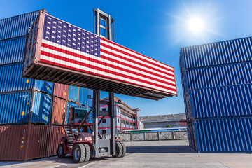 Cargo shipping import export logistic from USA products shipment concept, Container with US flag