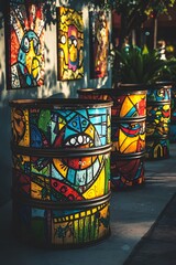 Colorful oil drums and abstract art in the studio