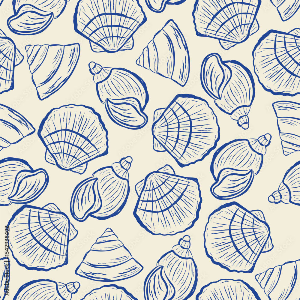Poster seashells seamless pattern line art style. shell simple hand drawn art print for trendy design. ocea