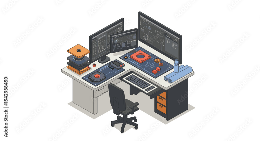 Poster engineering design workspace with cad software and technical blueprints for industrial development v