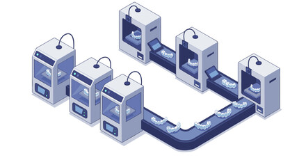 Advanced 3d printing technology for dental aligners in modern orthodontic production vector illustration isometric