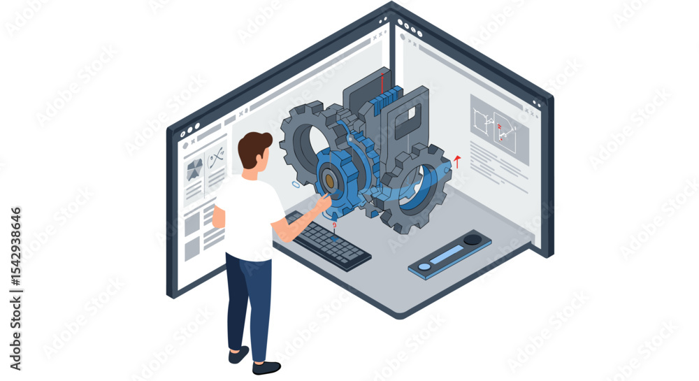 Poster male engineer engaging with interactive digital interface for mechanical design and innovation vecto