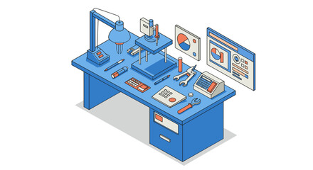 Modern workstation with tools and office supplies for productivity and design concepts vector illustration isometric