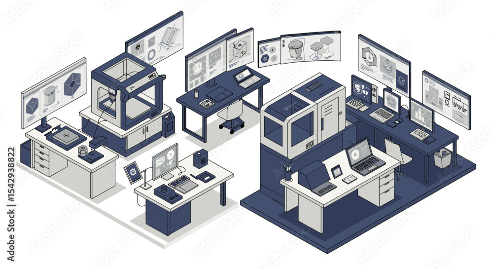 Poster futuristic laboratory workspace with innovative technology and digital interfaces vector illustratio