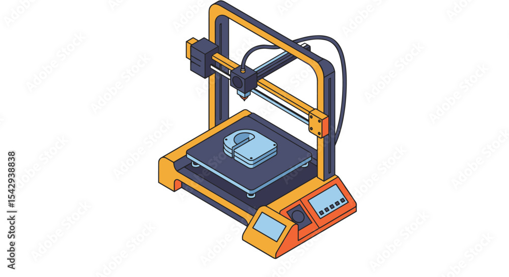 Poster modern 3d printer with digital display and lock model for technology and innovation concept vector i