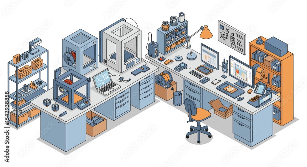 Aufkleber modern workshop with 3d printers and gadgets in a creative workspace setting vector illustration iso