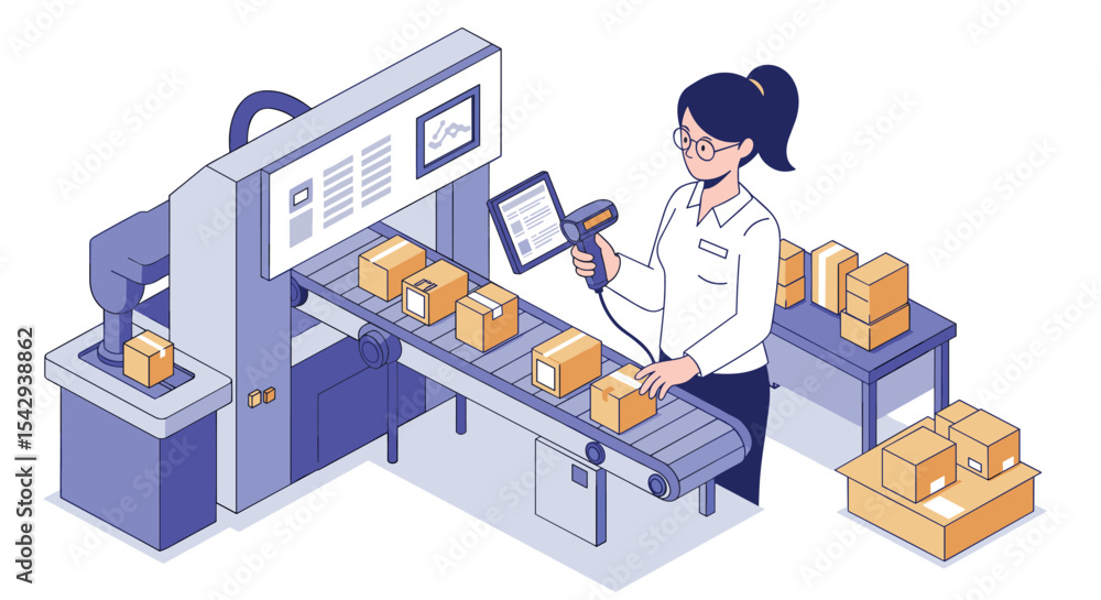 Poster automated packaging process with worker operating conveyor system vector illustration isometric