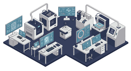 Obraz premium Futuristic laboratory with advanced computer equipment for technological innovation and analysis vector illustration isometric