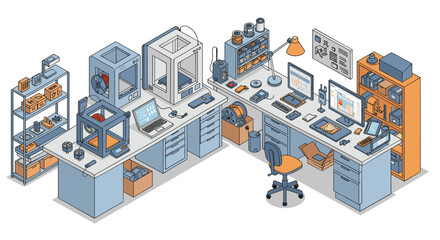 Obraz premium Modern workshop with 3d printers and gadgets in a creative workspace setting vector illustration isometric