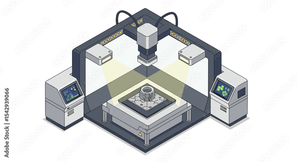 Poster high-tech manufacturing machine with control panels and robotic arms for industrial automation vecto