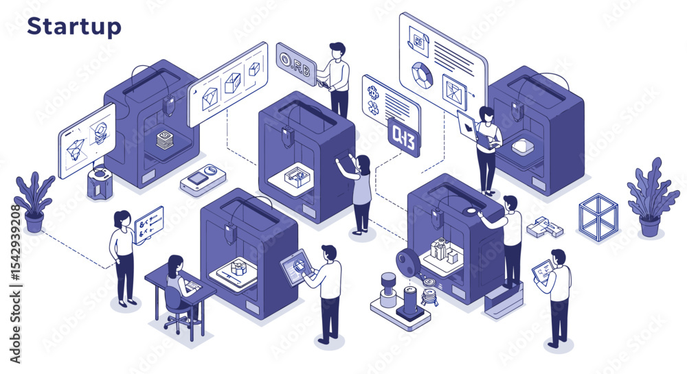 Aufkleber startup office scene with team working on 3d printing and design projects vector illustration isomet