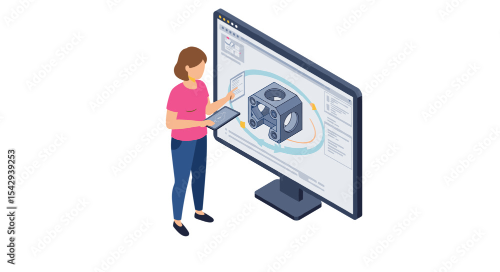 Poster woman using tablet for interactive 3d modeling and design in modern technology environment vector il