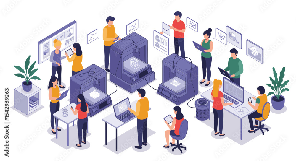 Poster collaborative teamwork in a modern office with 3d printing technology for innovative solutions vecto