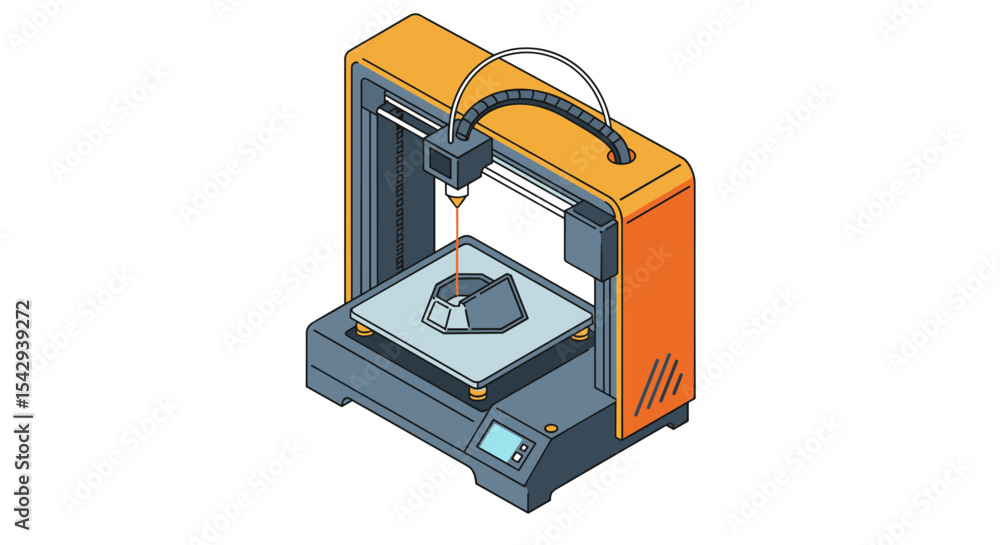 Poster 3d printing technology with modern 3d printer creating geometric object vector illustration isometri
