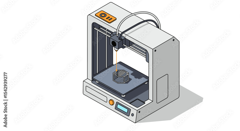 Poster modern 3d printing machine for innovative design and prototyping concepts vector illustration isomet