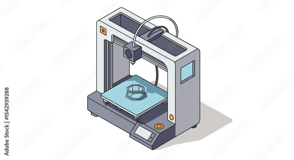 Poster modern 3d printer creating object for innovative design and manufacturing vector illustration isomet