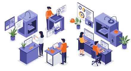Innovative workspace highlighting 3d printing technology and collaborative design vector illustration isometric