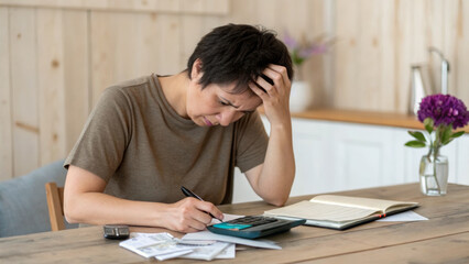 Worried person calculating bills, financial stress, home budget planning, economic anxiety, paperwork. Inflation ,stagflation, recession and depression . Economic, financial crisis concept
