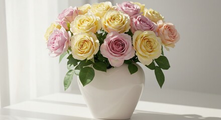 優しい光に包まれた可憐なバラの花束 白い花瓶. AI Generated