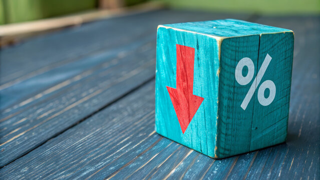 Red arrow percent symbol wooden block blue background financial concept economic downturn interest rate. Inflation ,stagflation, recession and depression . Economic, financial crisis concept