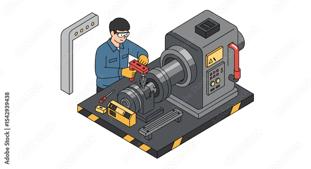 Poster industrial worker operating a cnc machine in a factory setting vector illustration isometric