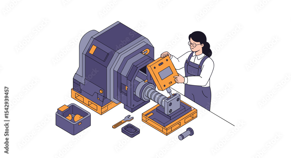 Poster industrial workshop scene with worker operating cnc machine for engineering and manufacturing projec