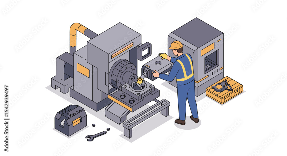 Poster engineer operating cnc machine for precision manufacturing and industrial automation vector illustra