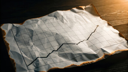 Crumpled paper graph chart line increase growth financial business concept trend shows rising line wrinkled. Inflation ,stagflation, recession and depression . Economic, financial crisis concept