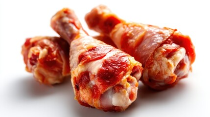 These marinated chicken drumsticks display a tantalizing red hue, inviting viewers to explore the rich flavors and potential for grilling or roasting delights.