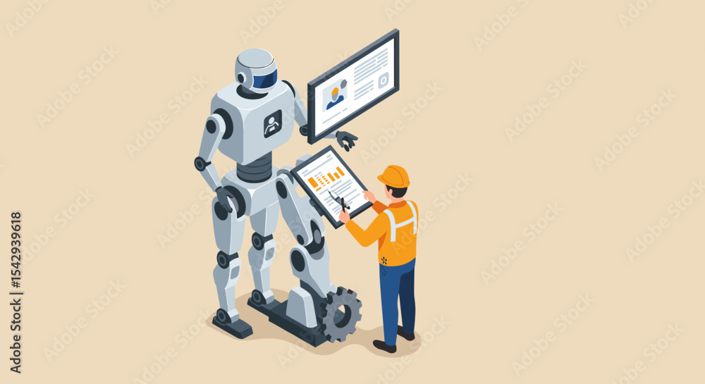 Poster human-robot collaboration in industrial setting: engineering and automation concepts vector illustra